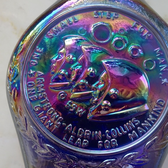 Vintage Apollo 11 1969 NASA Astronauts Moon Landing Cobalt Carnival Glass Bottle - Picture 6 of 8